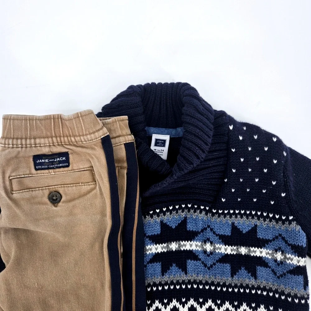 Janie and Jack Boys Shawl Collar Fair Isle Sweater 18-24M Tan Jogger Pant 2T Set